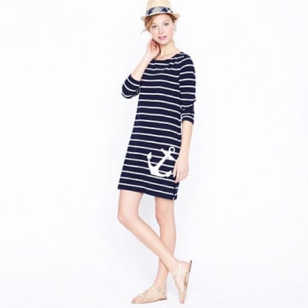 J.Crew Anchor Stripe Dress Womens XS Navy White‎ Nautical Side Zip Preppy